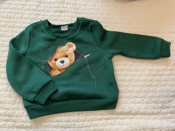 SHEIN クマポケット トレーナー 6-9M グリーン 裏起毛 70