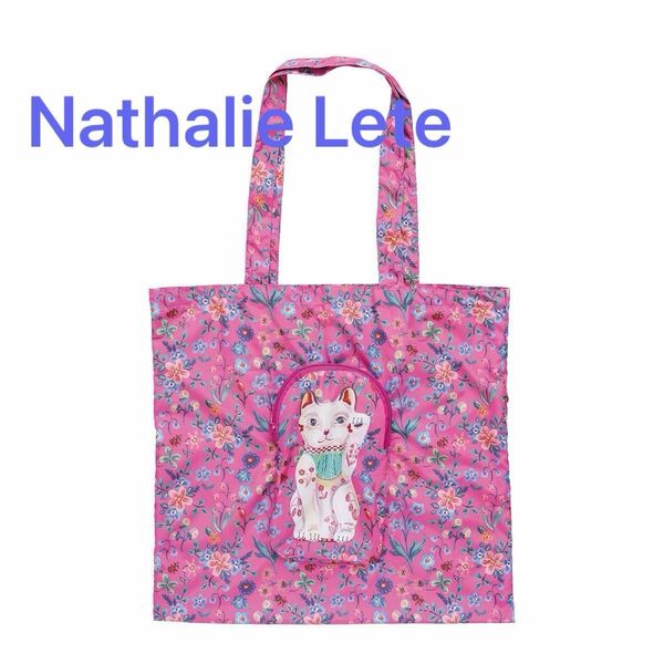 ナタリーレテ エコバッグ フェイスバッグ Nathalie Lete 折りたたみバッグ サブバッグ トートバッグ ピンク 手巻き猫