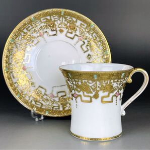 オールドニッポン アールヌーボー様式 金盛り ティーカップ ソーサー ゴールド
