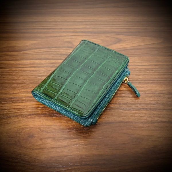 クロコダイル ミニ財布 二つ折り コンパクト 証明書付 現物写真 コンパクト 革財布 メンズ レディス グリーン 緑 鰐 ワニ革 ②