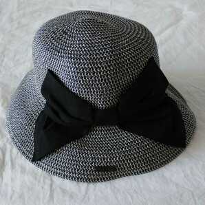 ビッグ リボン 麦わら帽子 ハット ネイビー ブラック ペーパーハット 帽子 56cm S 紫外線 UV 99% 折り畳み 折りたたみの画像1