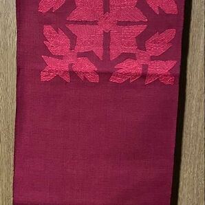 朱色に葉模様刺繍 袋帯