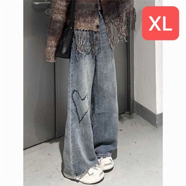 デニムパンツ レディース 美脚 ハート柄刺 ワイドパンツ ロングパンツSLTC004