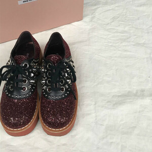 ミュウミュウ miumiu スパンコール スタッズ レースアップ 厚底 シューズ 37 CALZATURE DONNA 5E208B GLITTER SPAZZOL BORDEAUX NERO