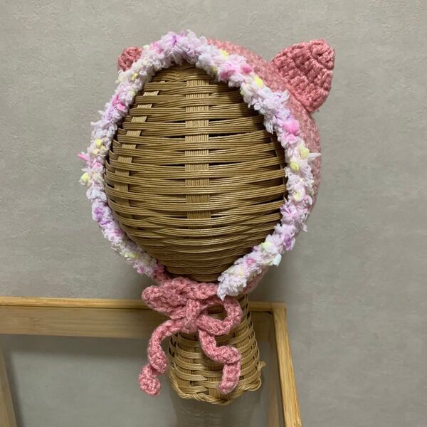 ねこ耳 ボンネットかぎ編み ハンドメイド ベビー 帽子
