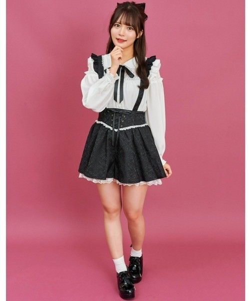 M シークレットハニー サスペンダー付 ジャガード フレア パンツ 黒 スカパン