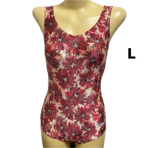 E118エレッセ♪赤の花柄レトロファッション水着♪室内プールやダイエット♪フィットネスにも♪サイズL