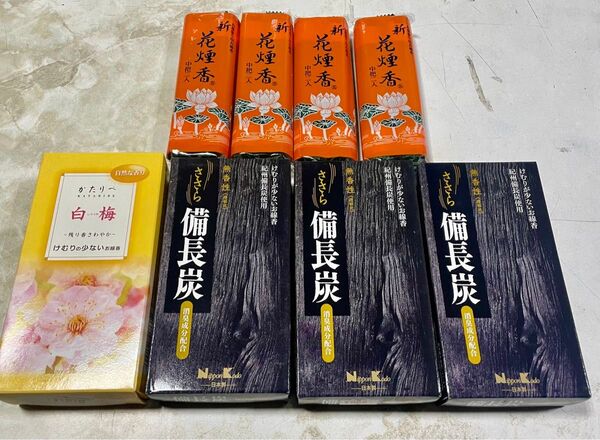 日本香堂 ささら 備長炭無香性3箱& かたりべ白梅 バラ詰1箱&花煙香2把入4コ