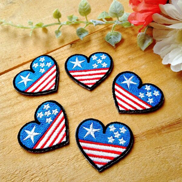 刺繍ワッペン 5枚セット 星 ハート型 Heart 国旗 USA アメリカン アップリケ アイロン接着 女の子 可愛い