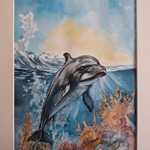 水彩画 イルカの遊泳