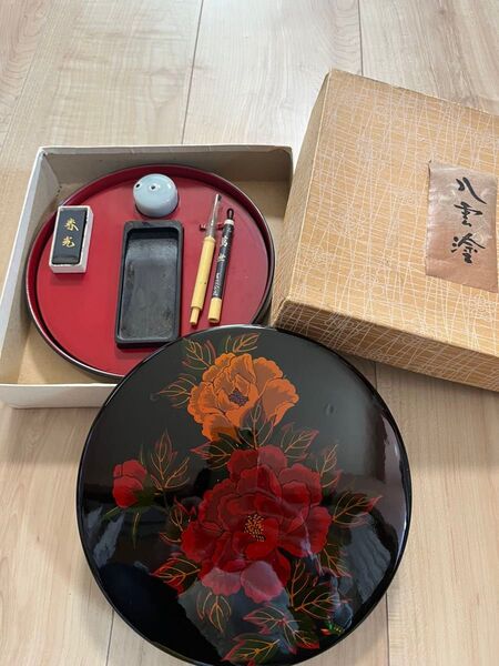 八重塗 花柄 ミニ書道セット 中古 硯箱