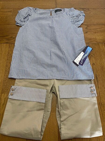 半袖 ストライプ トップス 新品 ベージュ 7部丈 ズボン パンツ しまむら ソリデル Mサイズ