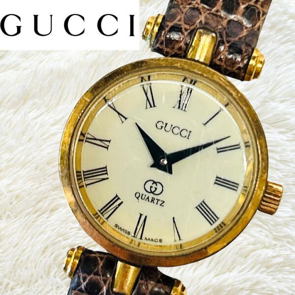 【本日限定】グッチ 腕時計 シェリーライン 純正レザーベルト レディース アイボリー文字盤 GUCCI 稼働 オールドグッチ