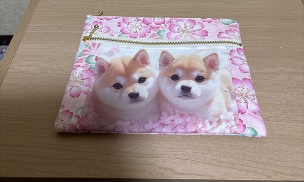 柴犬 ハンドメイド ダブルファスナーポーチ