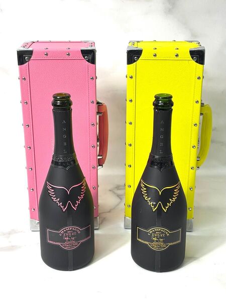 エンジェルシャンパン2本セット ピンク、イエロー空箱+空瓶 シャンパン ANGEL CHAMPAGNE 黒ボトル#222
