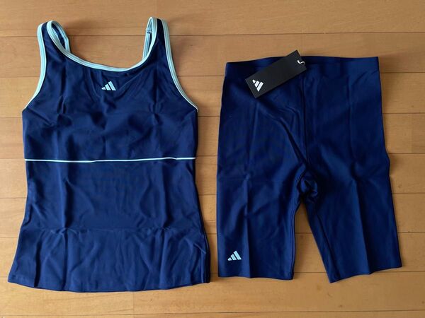 新品未使用 160 adidasアディダス 丈夫で快適!! セパレート スクール水着 タンキニ ネイビー 紺 ガールズ ジュニア