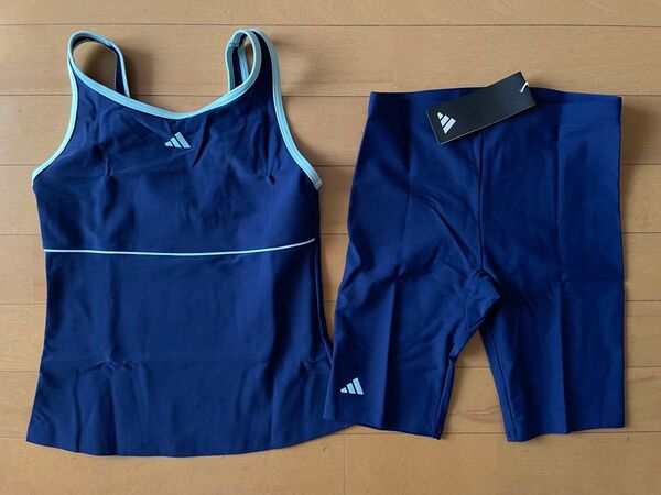 新品未使用 150 adidasアディダス 丈夫で快適!! セパレート スクール水着 タンキニ ネイビー 紺 ガールズ ジュニア