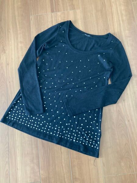 one way ビジュー付き ブラック長袖トップス カットソー ミニワンピース トップス 黒 ブラック Uネック 長袖