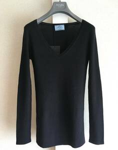  new goods Prada top class wool silk rib knitted cut and sewn 46 PRADA sweater tops Italy made navy V neck 