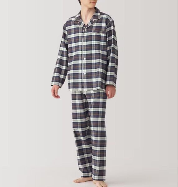 無印良品 新品 紳士 メンズ 脇に縫い目のない フランネルパジャマ M スモーキーブラウンチェック パジャマ 長袖