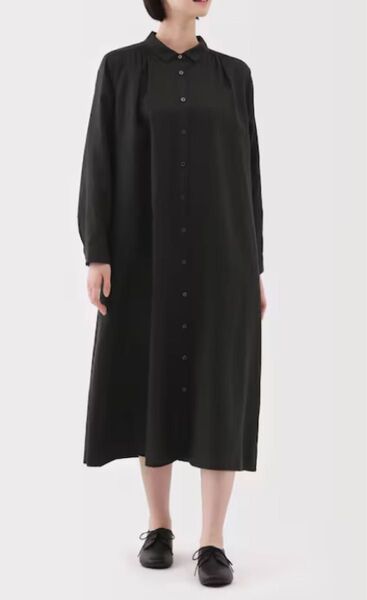 無印良品 婦人 リネン 洗いざらし長袖シャツワンピース ワンピース Lサイズ 黒 レディース ブラック シャツワンピース