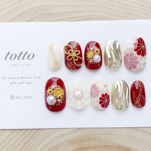 成人式ネイル/赤白/水引/リボン/和柄ネイル/着物ネイル/前撮り/袴ネイル/ブライダルネイル/和装/振袖ネイル