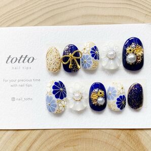 成人式ネイル/青/白/リボン/水引/和柄ネイル/着物ネイル/前撮り/袴ネイル/ブライダルネイル/和装/振袖ネイル