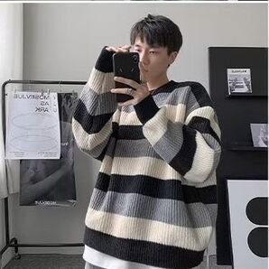 セーター ニット カジュアル トップス ボーダー ざっくり編み ブラック XL