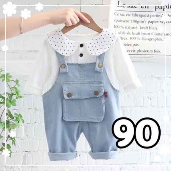 2点セット 子供服 オーバーオール デニム 羽つき ズボン サロペット ポロシャツ ブラウス 白 ドット柄 ベビー服 女の子 90
