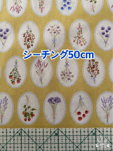 (キ32-50)草色地にドライフラワー柄(生地幅108cm×長さ50cm) お値引き不可m(_ _)m