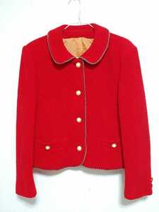 MISS BROLLY ツイード ジャケット ステンカラー パール ボタン M 赤 レッド 婦人服 ミスブローリー
