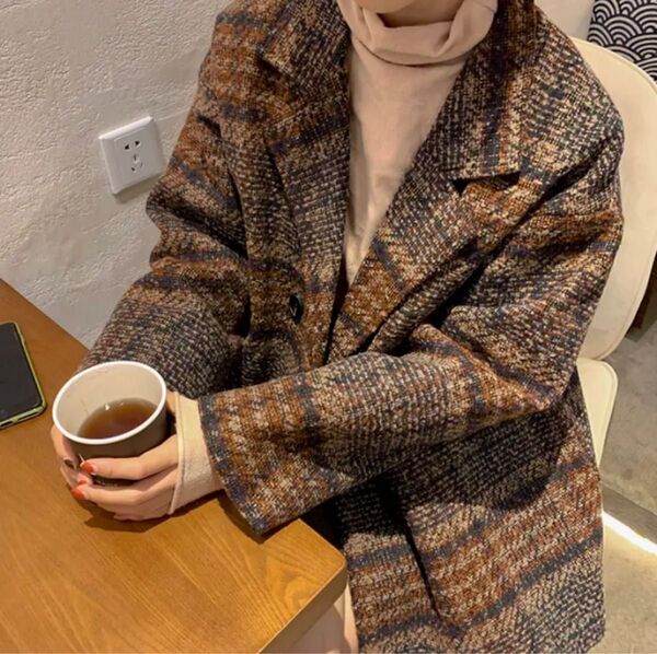 【着回し最強】ビッグチェック4つ釦ショートコート チェスター 韓国ファッション♪ 中綿で暖かい♪