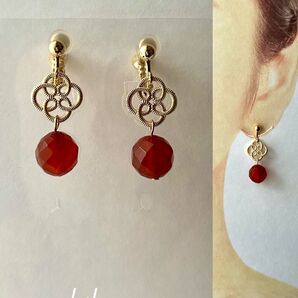 no.1484 ハンドメイド☆10mm玉赤瑪瑙のイヤリング(ピアス)