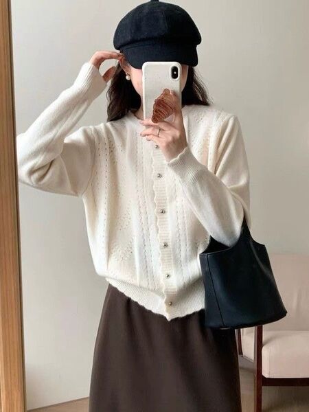 ニットトップス レディース ニット セーター トップス フェイクツーピース 重ね着風 ボタン Vネック 長袖 カジュアル