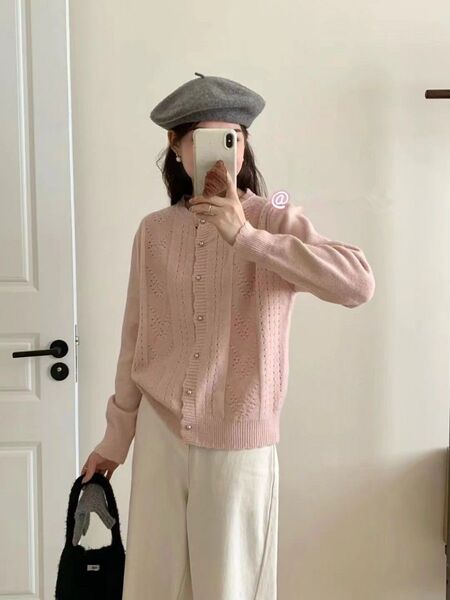 ニットトップス レディース ニット セーター トップス フェイクツーピース 重ね着風 ボタン Vネック 長袖 カジュアル ピンク