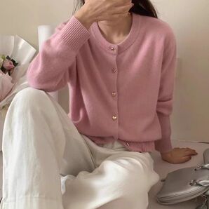 ハートボタンカーディガン 秋 冬 韓国ファッション 10代 20代 30代 レディース 暖かい 可愛い ローズピンク