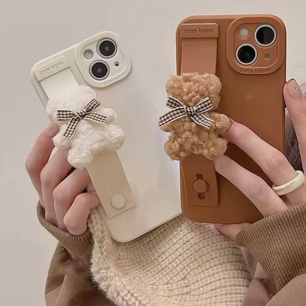 熊ぬいぐるみiPhone16ケース ホワイト ブラウン かわいい 韓国 女子 iPhone カバー