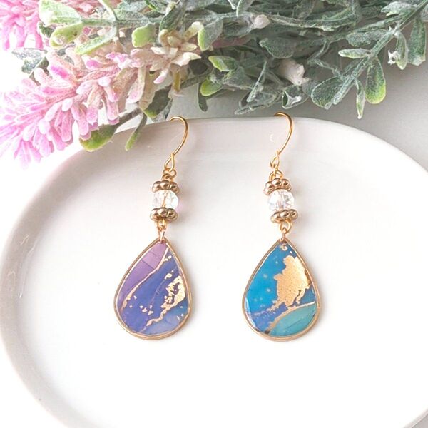 レジン アルコールインクアート 青色系 しずく形 ピアス イヤリング ハンドメイド