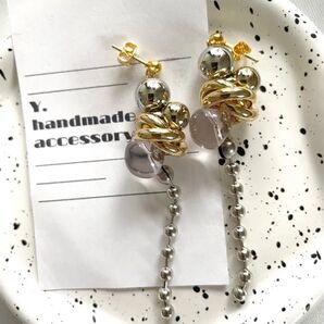 【バイカラーチェーンピアス】 ハンドメイド ピアス チェーン