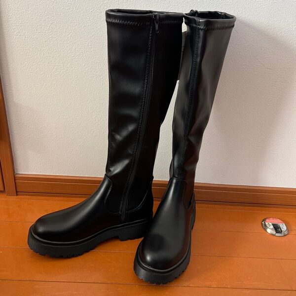 未使用 厚底 ロングブーツ 黒 L ファスナー ストレッチ コスプレ 裏起毛 美脚