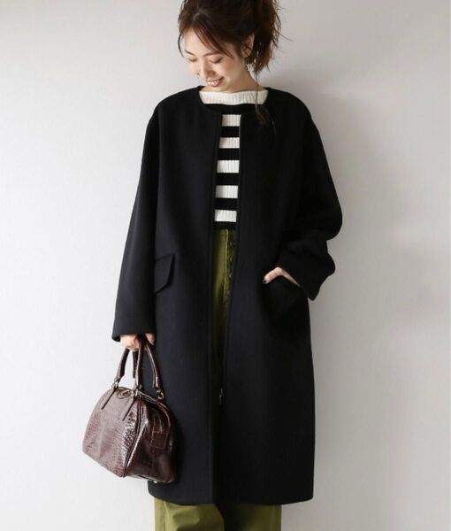 新品 スピックアンドスパン ビーバー ノーカラー コート ブラック ゆったり 36 フロントジップ Spick and Span