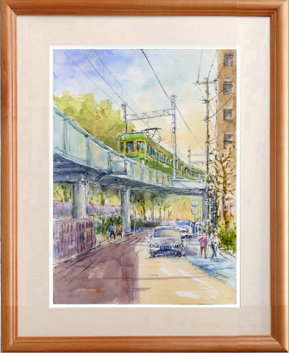 ★Watercolor★Original painting Elevated Enoshima Electric Railway and the town of Fujisawa ★#412, Painting, watercolor, Nature, Landscape painting