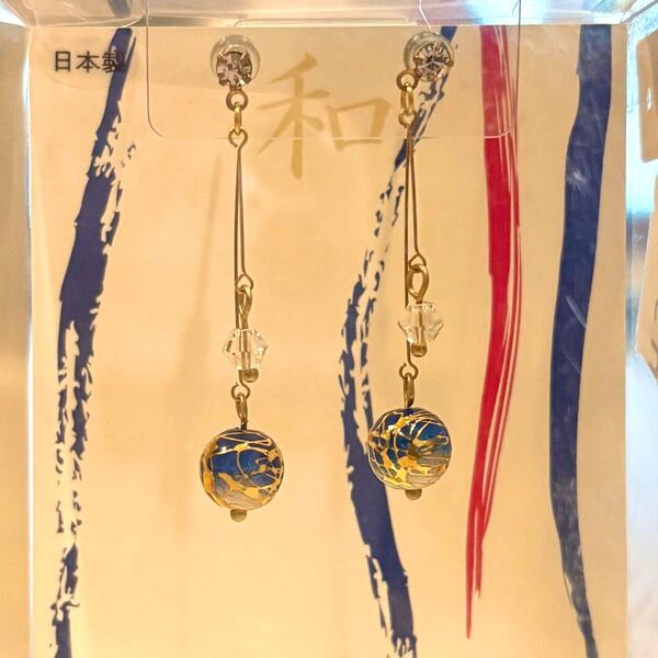 ピアス 和風 青 唐草パール ゴールド