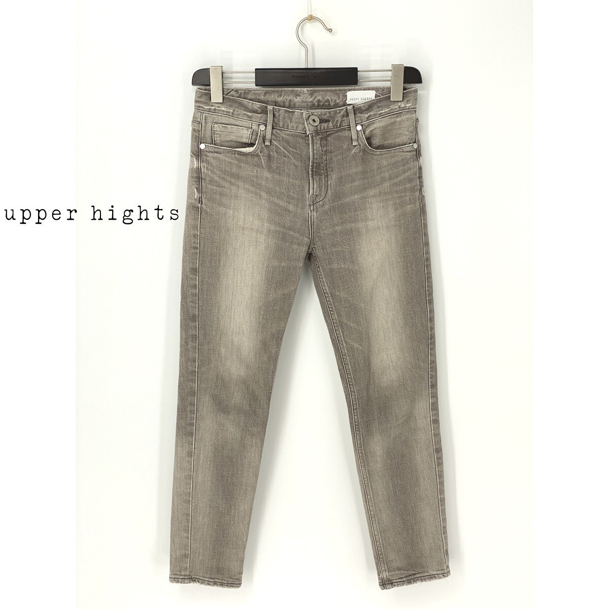 A9575/極美品 春夏 upper hights アッパーハイツ コットン ストレッチ スレ加工 スリム テーパード デニムパンツ 25 L程 灰色 レディース