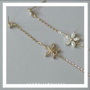 揺れるピアス フラワー ロングピアス チェーン 18k gold スターリングシルバー925 金属アレルギー対応 プレゼント