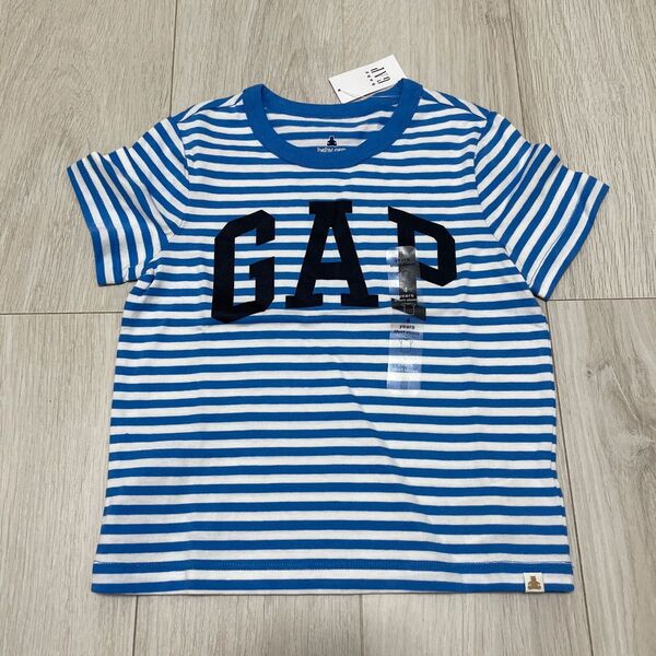 babyGAP 105cm ボーダーロゴ半袖Tシャツ 男の子 青