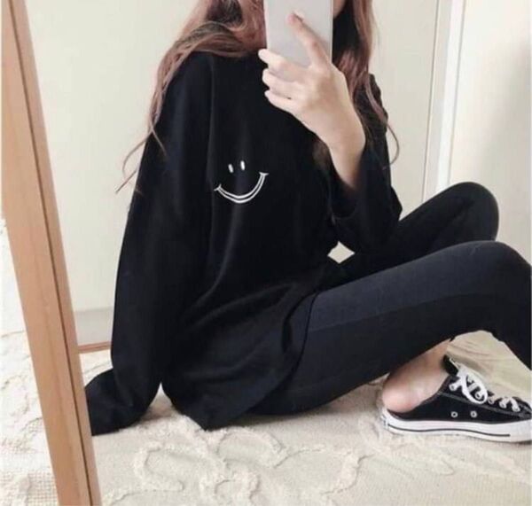 【数量限定】 Mサイズ レディース 長袖 Tシャツ ロンT 黒 ブラック シンプル ルームウェア 部屋着 可愛い 韓国 パジャマ