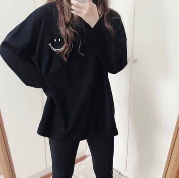 【数量限定】 Mサイズ レディース 長袖 Tシャツ ロンT 黒 ブラック シンプル ルームウェア 部屋着 可愛い 韓国 パジャマ