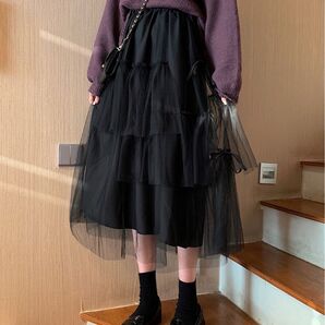 チュールスカート ロング丈 リボン バレエコア