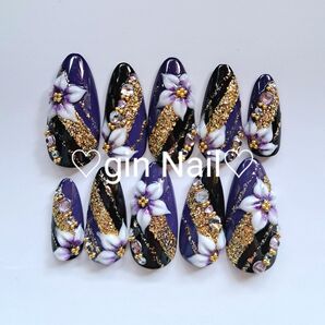 和柄 花魁紫ネイル ネイルチップオーダー 成人式 卒業式 振袖 前撮り 着物